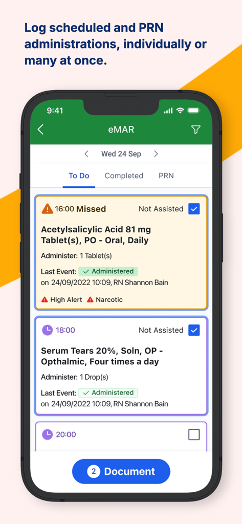 AlayaCare app interface displaying the electronic medication administration record eMAR screen