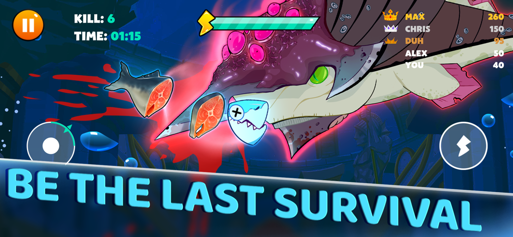 Fish IO: Be the King - A shark with a sword in an underwater battle arena with the text be the last survival