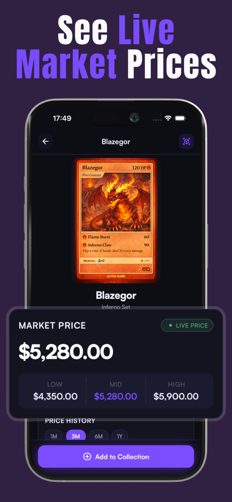 Cardex - TCG Card Scanner - Cardex app interface displaying the live market price and value history of a trading card