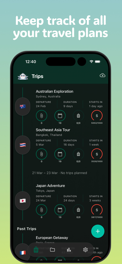 RoamR: AI Itinerary Organizer - Dashboard of RoamR app displaying organized travel itineraries for multiple upcoming trips
