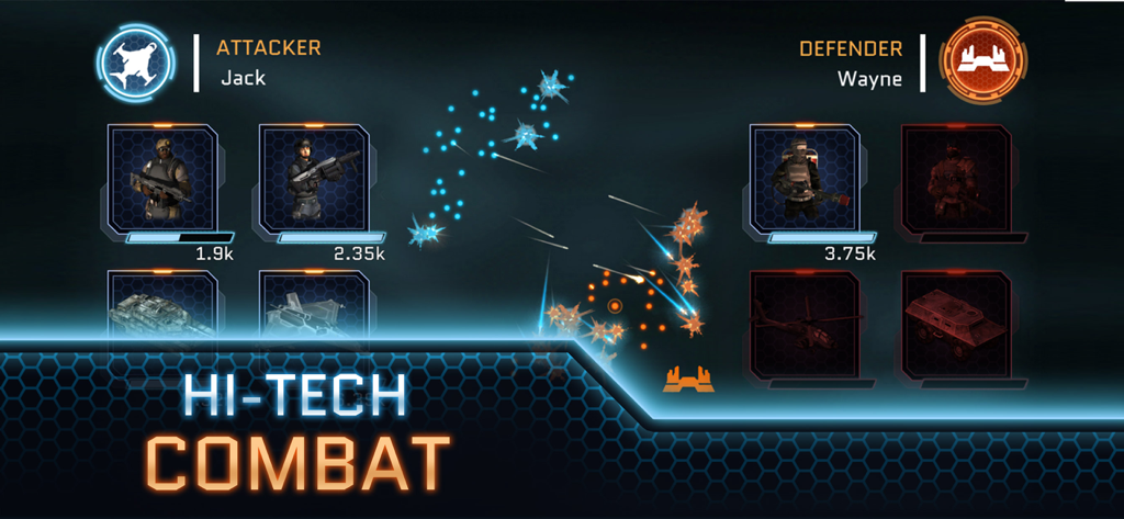 Écran de combat militaire de haute technologie présentant des unités d'attaquants et de défenseurs dans un jeu de stratégie de science-fiction