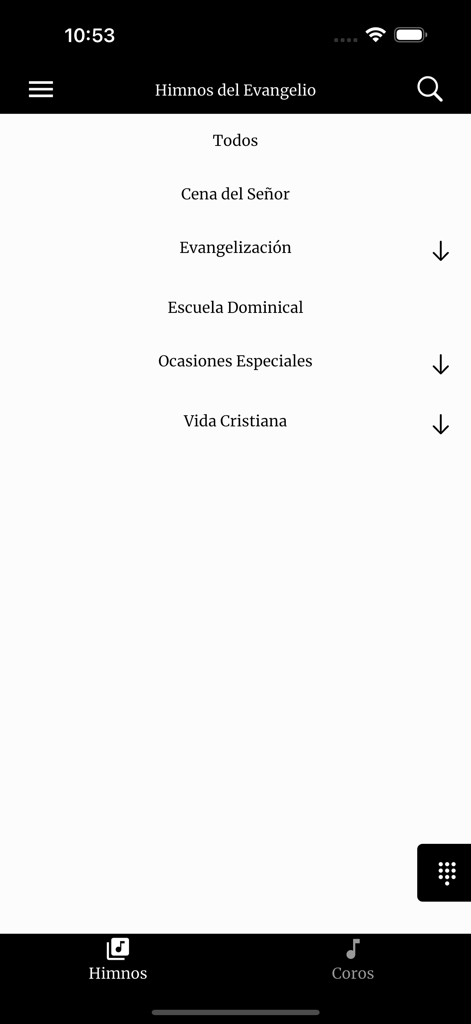 App Inni e Cantici del Vangelo che mostra il menu delle categorie di inni
