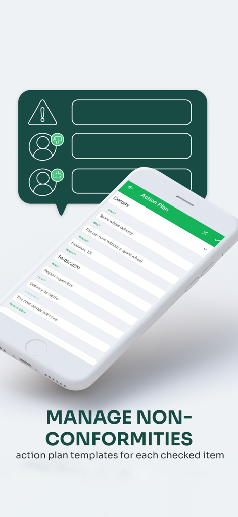 Checklist Facil app showing a mobile action plan interface for managing non-conformities using the 5W2H methodology