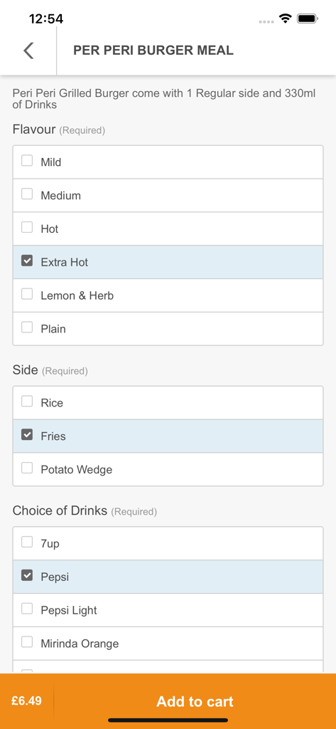 Griller (Seven Kings) - Interface of the Griller app showing options to customize a Peri Peri Burger Meal with flavor, side, and drink selections.