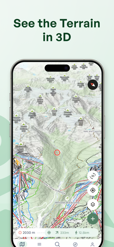 3D topographic mountain map on an iPhone screen showing ski trails and peaks
