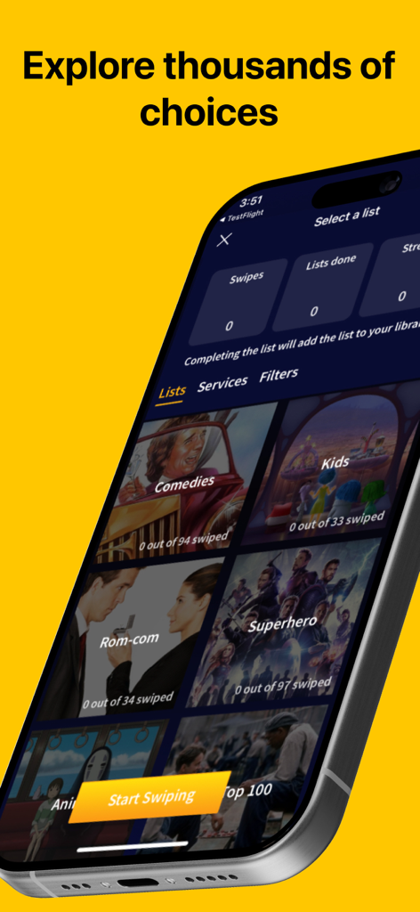 Movie Night app interface displaying various movie genre categories like Comedies and Superhero.