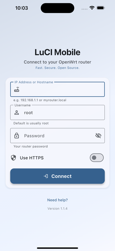 Pantalla de inicio de sesión de la aplicación LuCI Mobile para conectarse a un router OpenWrt con campos para dirección IP, nombre de usuario y contraseña