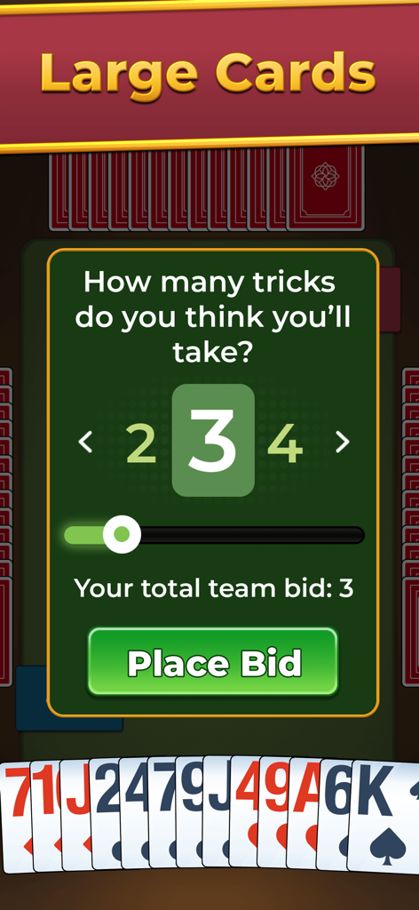 Spades For Seniors: Card Game - Uma tela de lances de alto contraste em Spades Para Idosos mostrando números e cartas grandes para melhor legibilidade.