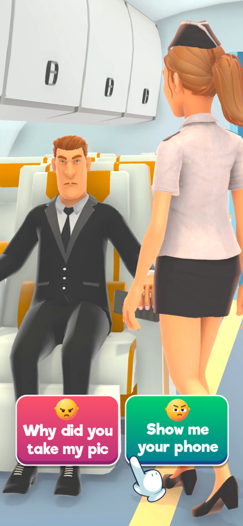 Hyper Hostess - Gameplay screenshot from Hyper Hostess showing a choice-based interaction with a passenger on an airplane