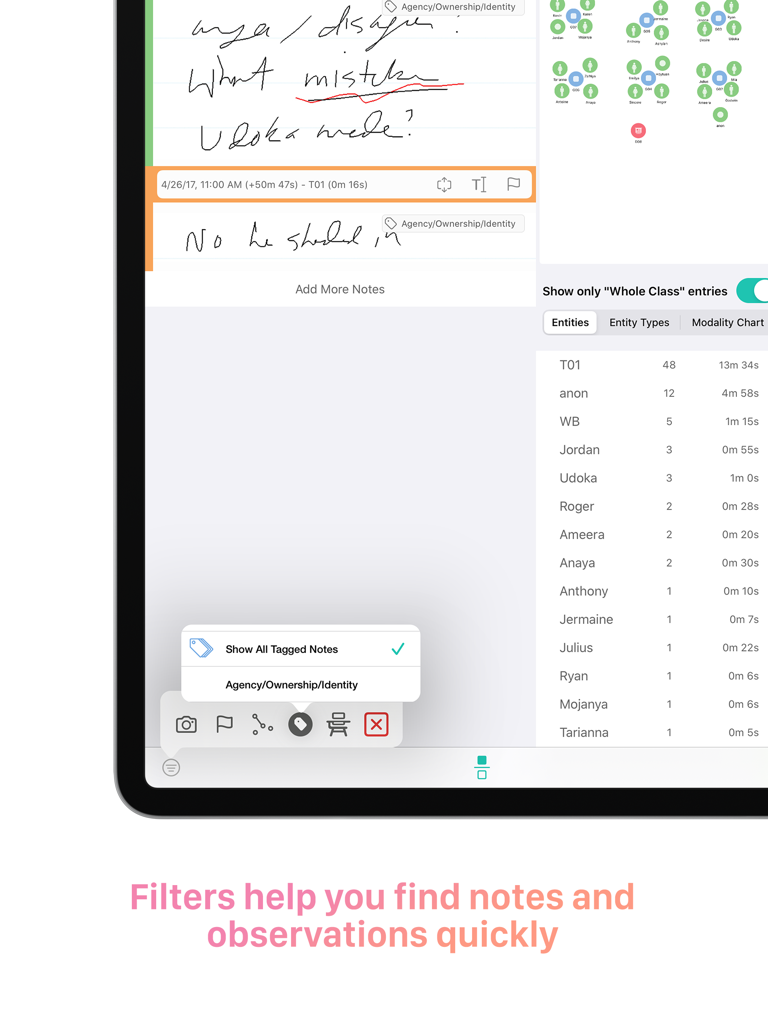 Uno screenshot dell'app LessonNote per iPad che mostra note scritte a mano della classe e un menu di filtri per osservazioni taggate.
