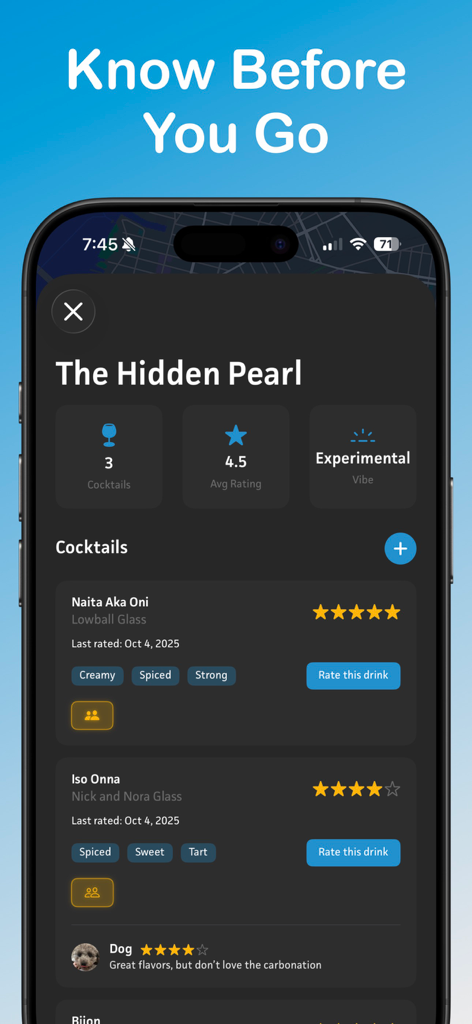 DrinkSmith: Home Bartending - DrinkSmith app interface showing a venue profile for The Hidden Pearl with cocktail ratings and flavor tags