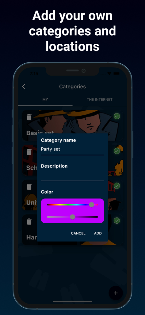 Spy - the game for a company - Interface for adding and customizing personal game categories and locations in the Spy party app