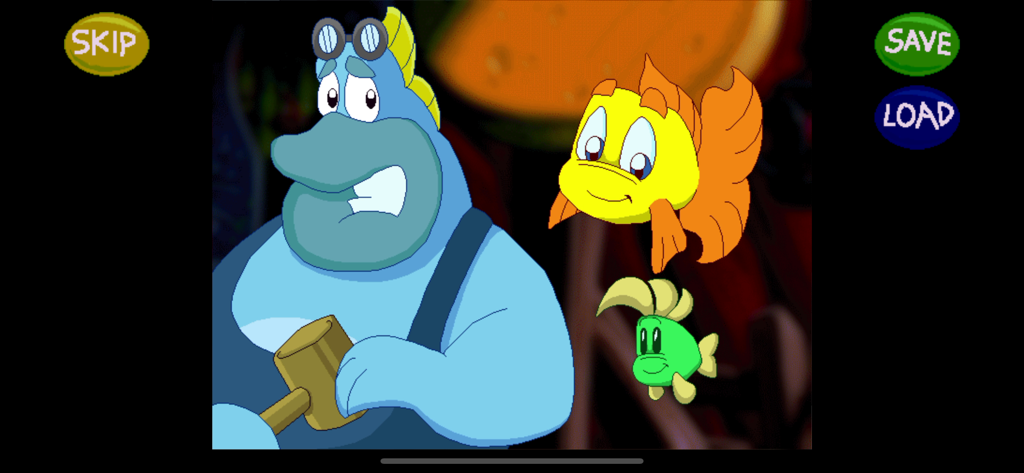 Freddi Fish and Luther with a blue fish character in a gameplay scene