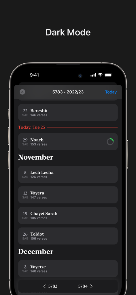 Shnayim app dark mode showing the weekly Parshah schedule and progress