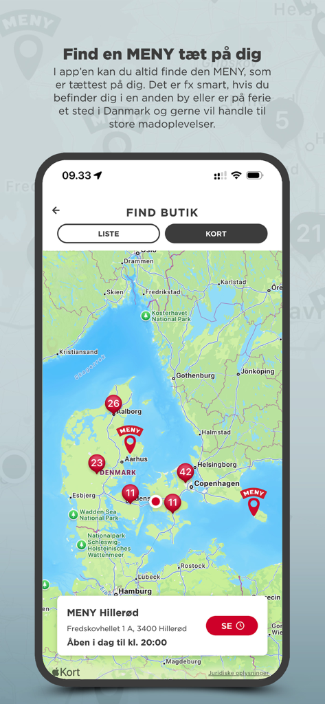MENY Danmark - MENYアプリ内のデンマークの地図。複数の食料品店の場所がインタラクティブなピンで表示されています。