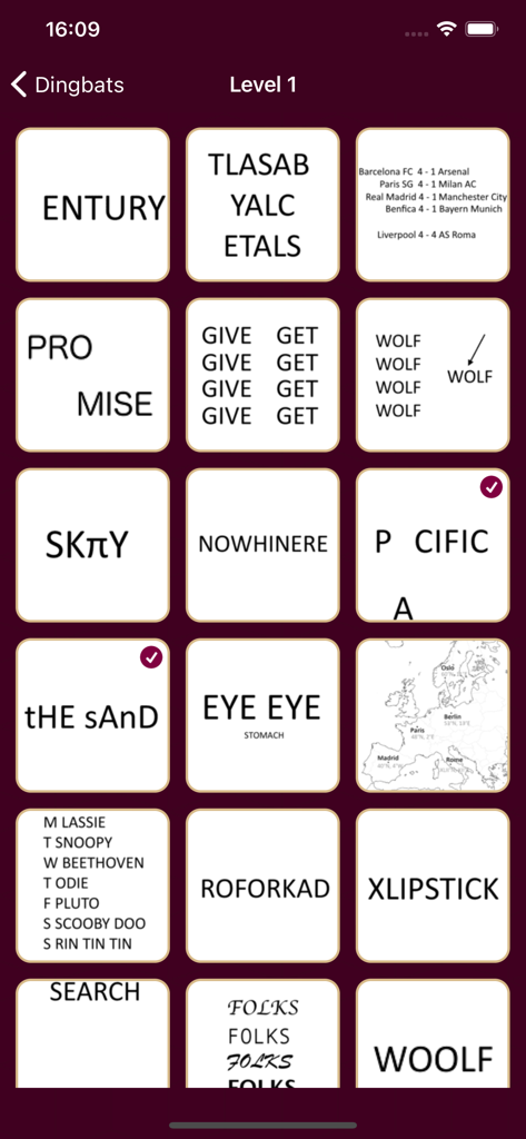 Dingbats - Between the lines - A collection of word puzzle tiles on Level 1 of the Dingbats mobile game showing various visual puns and riddles.