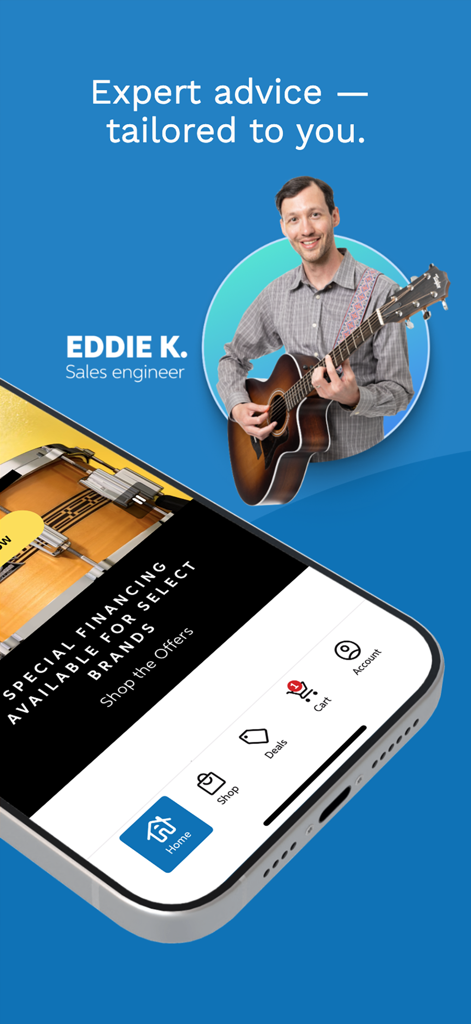 Sweetwater Music & Audio Gear - Sweetwater app screen showing a sales engineer with a guitar and the text Expert advice tailored to you