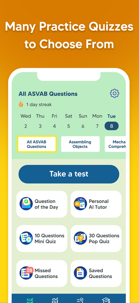 ASVAB Practice Prep Test 2025 - ASVAB Practice Prep Test 2025 app dashboard featuring various study modes including quizzes and personal AI tutor.