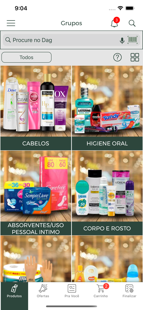 Interfaz de la aplicación Dag Distribuidor que muestra categorías de productos mayoristas para cuidado del cabello, higiene bucal y cuidado personal