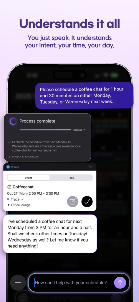 Application calendrier IA Trace démontrant la planification intelligente par commande vocale pour un café.