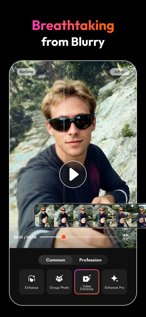 Ein Seitenvergleich, der einen unscharfen Videoclip zeigt, der mit der PicMa KI-Videoeditor-App geschärft und verbessert wird.