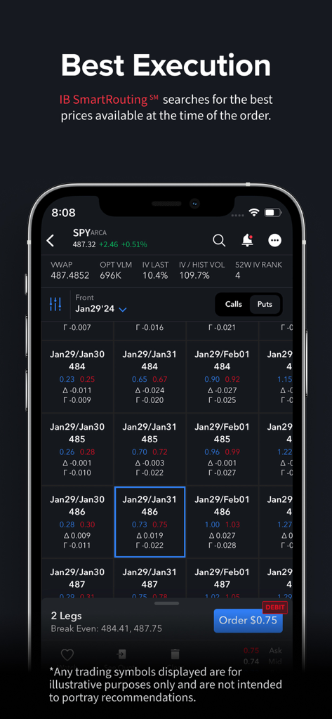 IBKR Mobile - Invest Worldwide - Interfaz de la aplicación IBKR Mobile que muestra una cadena de trading de opciones compleja y funciones de precios de mejor ejecución
