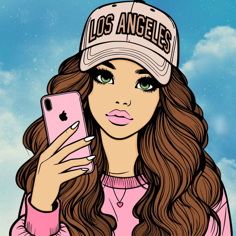 realistic beautiful girl wearing los ángeles cap holding an iphone