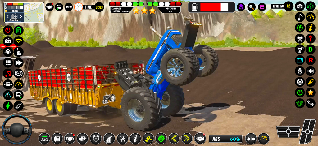 Tochan Tractors & Fields care - A blue tractor performing a wheelie while pulling a decorated yellow trailer in a farming simulation game.