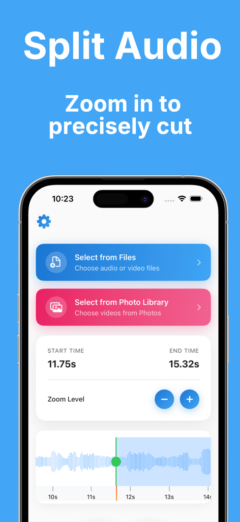 Interface do aplicativo Audio Trimmer para dividir áudio com zoom preciso e controles de forma de onda.