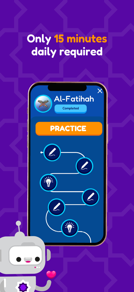 Think Quran - Think Quran app interface showing a 15 minute daily lesson path for Al-Fatihah