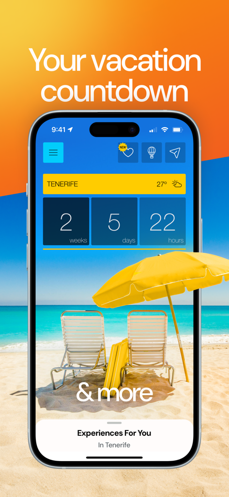 Ready Set Vacation! Countdown - A smartphone showing the Ready Set Vacation app with a countdown for a trip to Tenerife featuring a beautiful beach background