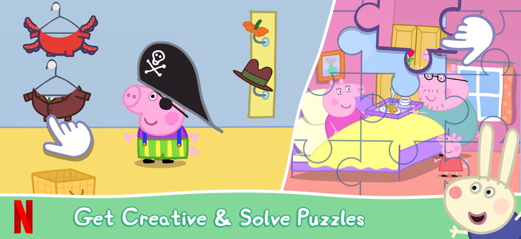 Peppa Pig vestida de pirata en una actividad de disfraces y un rompecabezas que la muestra a ella y a sus padres en la cama.