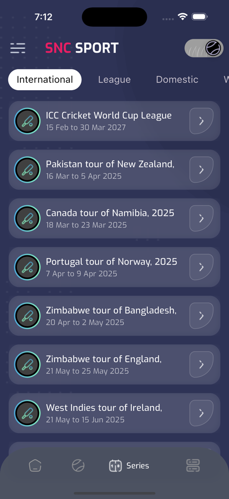Liste der internationalen Cricketserien und Turnierpläne in der mobilen SNC Sport App.