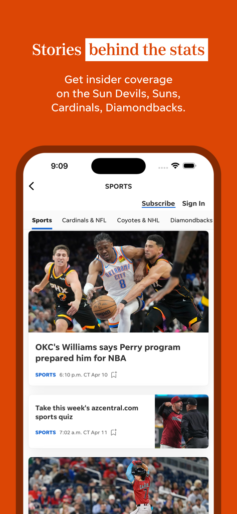 azcentral - Screenshot of the azcentral app sports section showing headlines and insider coverage of Arizona sports teams like the Suns and Cardinals.
