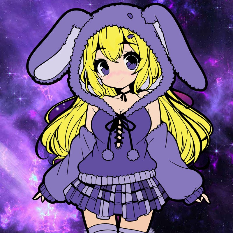 pretty anime girl wearing a fluffy hoodie with bunny ears on the hood and a skirt