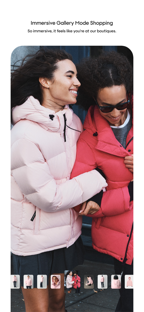 Aritzia - Dos mujeres usando chaquetas Aritzia Super Puff en el Modo Galería inmersivo de la app