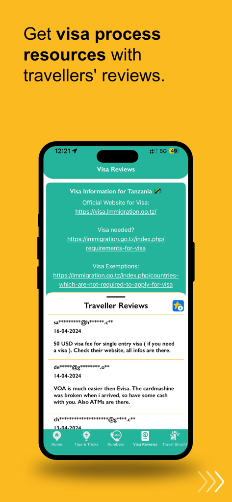 ATM Fee Saver: Travel Smarter - Screenshot of ATM Fee Saver app showing official visa information and traveler reviews for Tanzania.