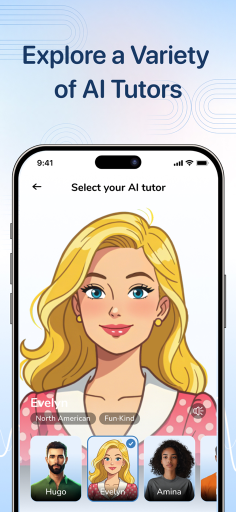 A mobile screen showing a variety of AI tutor options with different personalities and styles for language learning.
