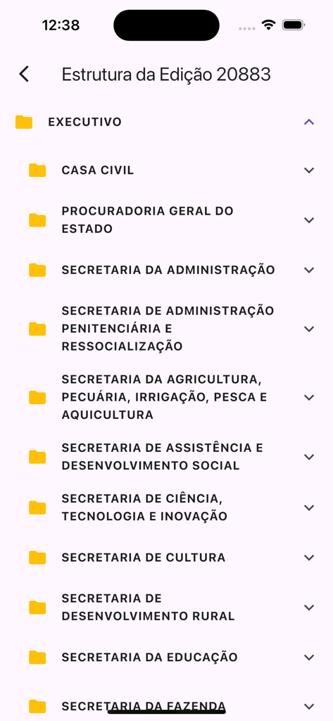 EGBA - Imprensa Oficial - Estructura de la edición del boletín oficial en la aplicación EGBA que muestra los departamentos gubernamentales