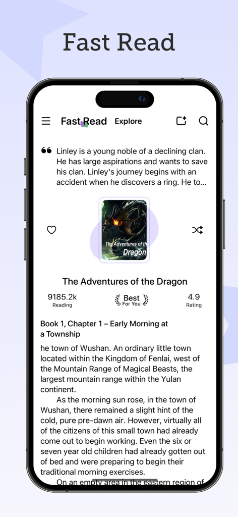 Bookastle app interface showing the Fast Read feature with a preview of a fantasy novel including its summary and first chapter text