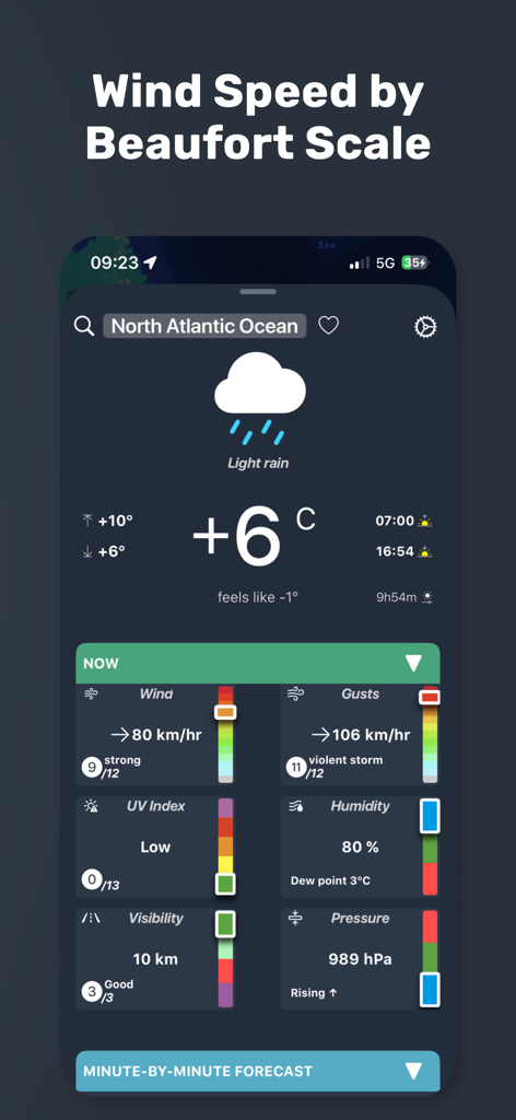 Weather + Radar: NOAA Rain Map - Una pantalla de smartphone que muestra datos de velocidad del viento en tiempo real utilizando la Escala de Beaufort y otras métricas meteorológicas.