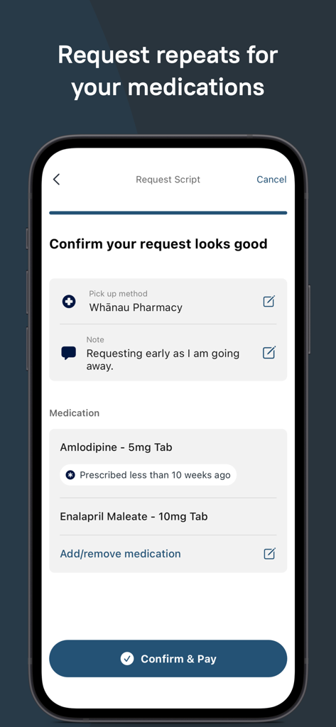 Tō Mai - Interface do aplicativo To Mai para solicitar repetição de medicamentos e gerenciar prescrições.