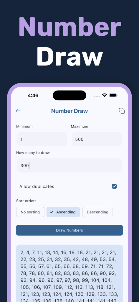 Randomizer2.0 - Captura de pantalla de la aplicación Randomizer 2.0 que muestra la función de sorteo de números con rangos configurables y resultados ordenados.