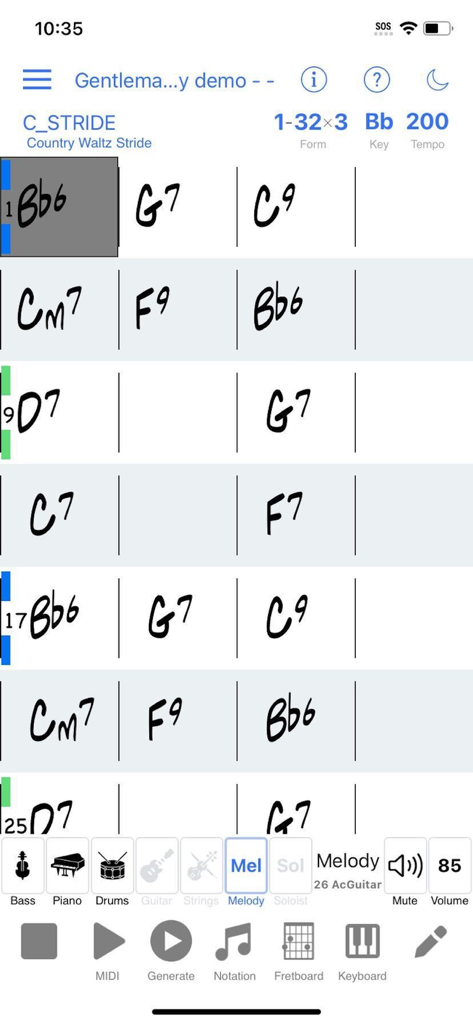 Band-in-a-Box app interface showing a musical chord sheet with a mixer for bass, piano, and drums.