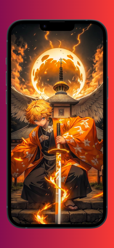 Fondo de pantalla de anime 4K de alta resolución de un personaje con una espada llameante en una pantalla de iPhone