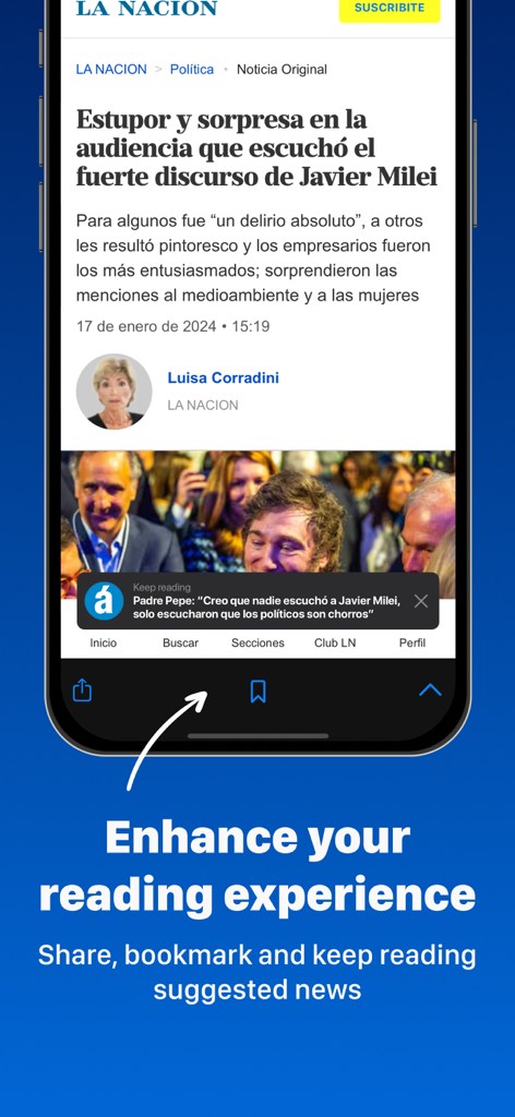 Tela de smartphone mostrando a interface de leitura do aplicativo Jornais Argentinos com opções de favoritos e compartilhamento.