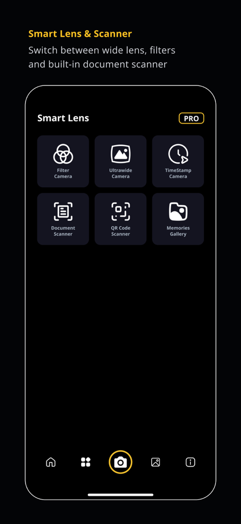 Pro Zoom 250x - Tele Camera HD - Interfaz que muestra opciones de lente inteligente y escáner, como escáner de documentos y cámara ultra gran angular en la aplicación Pro Zoom