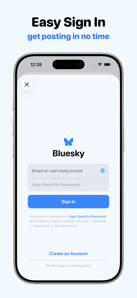 Croissant - Cross-Posting - Bluesky sign in screen within the Croissant cross-posting app.
