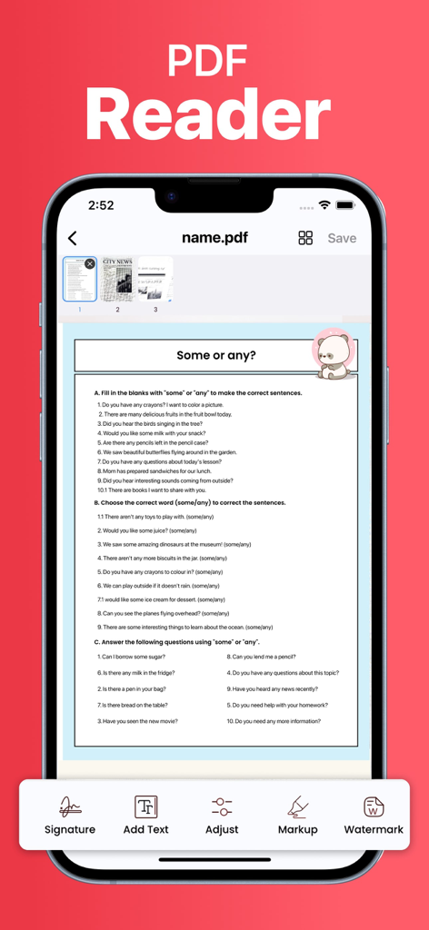 Interface do aplicativo móvel PDF AI mostrando um leitor de documentos com ferramentas de assinatura e edição de texto