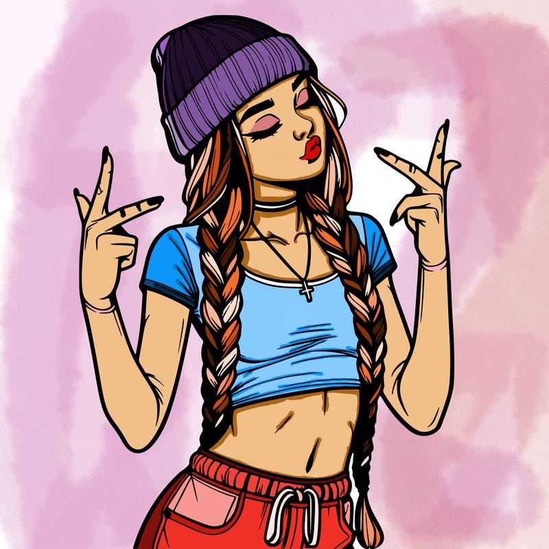 realistic teenage girl with braids and a beanie and crop top doing 🫶🏼